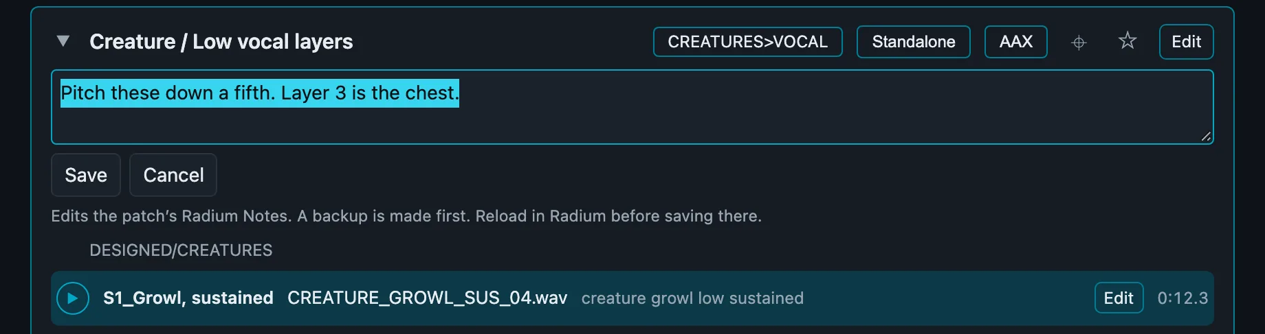 Editing a patch’s Radium notes inside Geiger, with Save and Cancel buttons and a note that a backup is made first.